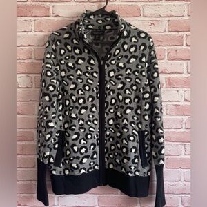 Rachel Zoe Gray Black Leopard Print Full Zip Pockets Cardigan Sweater Size Large